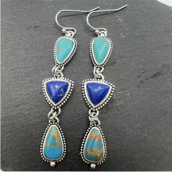 Blue Turquoise Dangle Earrings with Ornate Metalwork - Picture 2 of 6